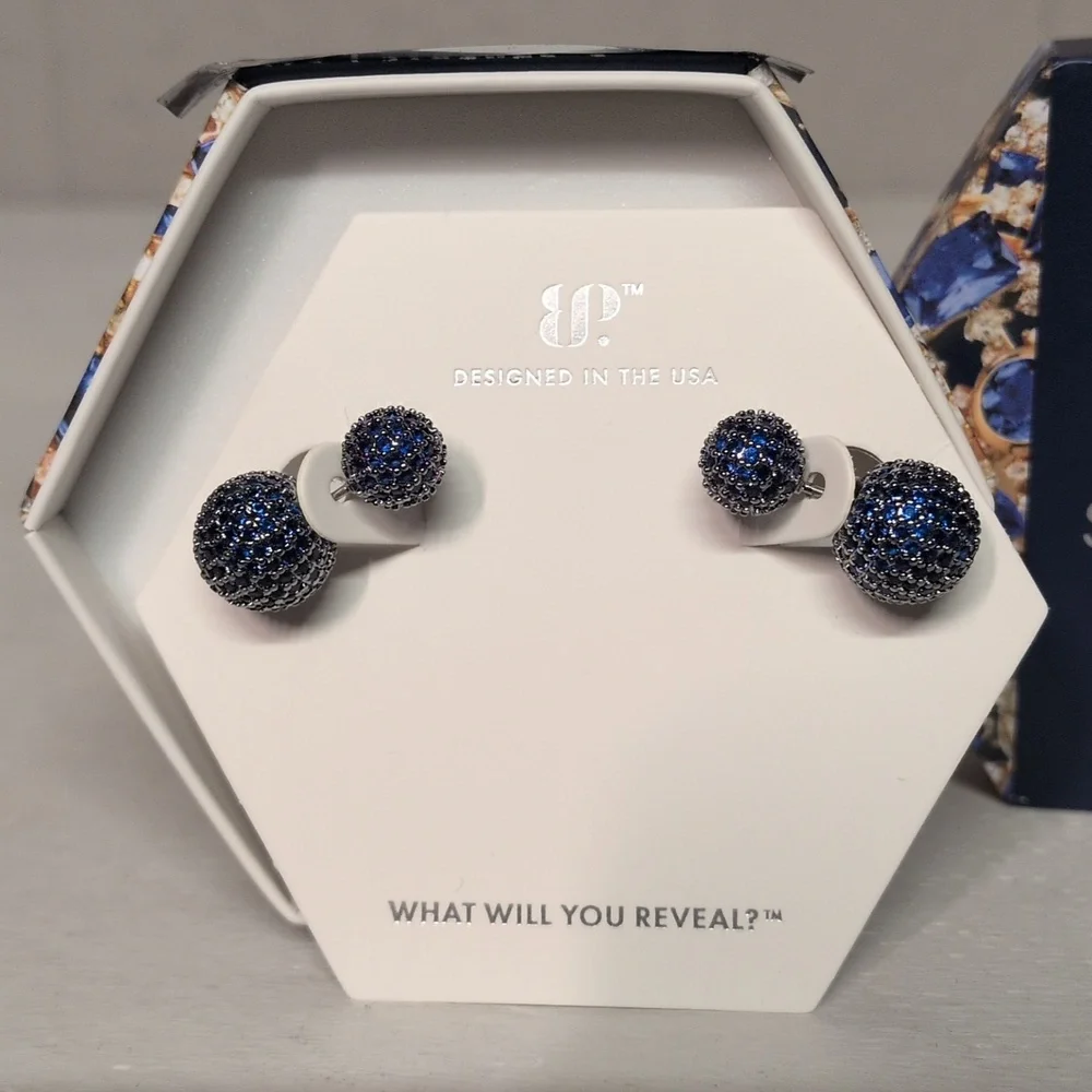 Bomb Party September Earrings Always In Longing LC Sapphire Hematite Plating NWT - Picture 2 of 4